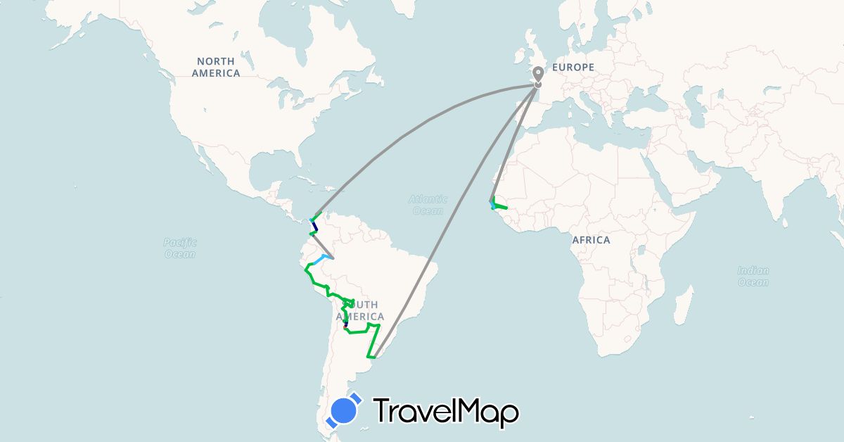 TravelMap itinerary: driving, bus, plane, hiking, boat, motorbike in Argentina, Bolivia, Colombia, France, Peru, Paraguay, Senegal, Uruguay (Africa, Europe, South America)